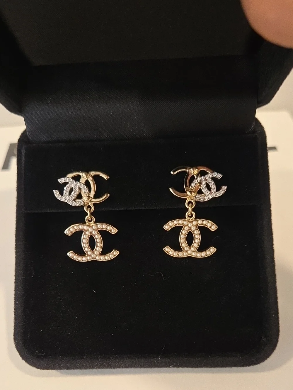 #148 - Chanel Triple CC Crystal/Pearl Earrings Light Gold/Silver 21B- AUTHENTIC